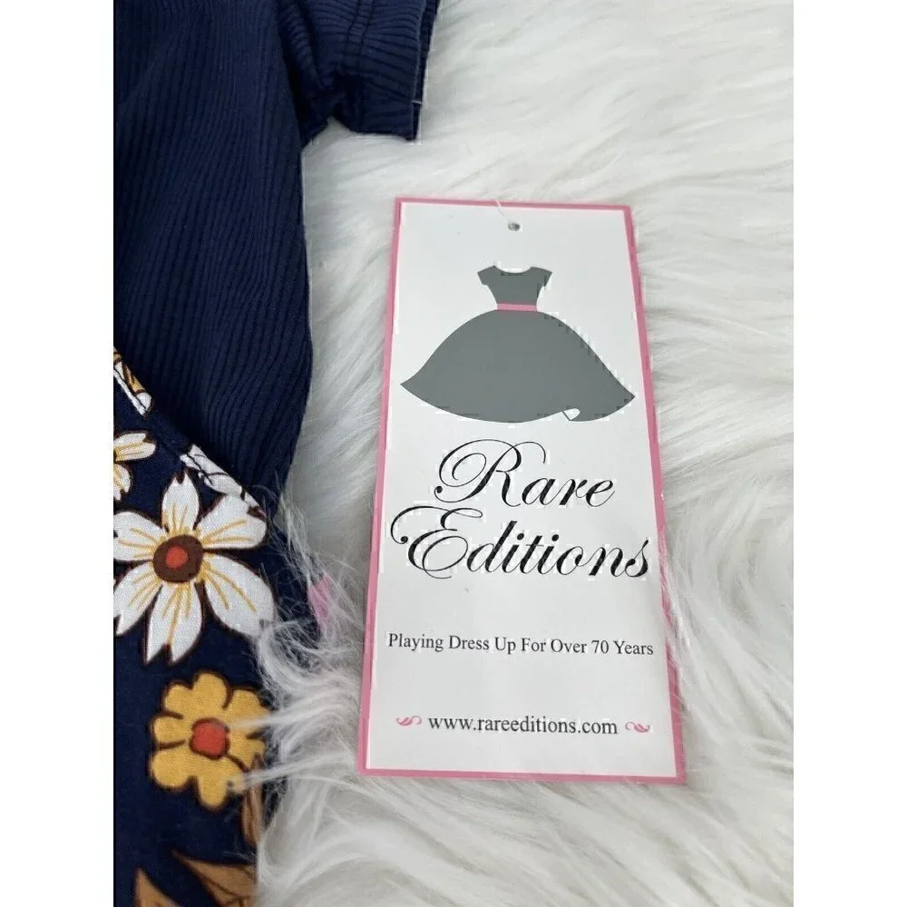 RARE EDITIONS 3pc Dress Set Girls Navy  Size 14 Top Necklace Floral Printed NEW